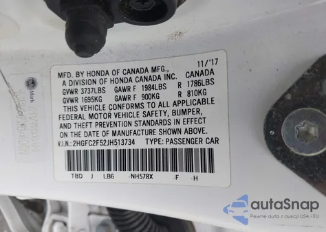 2018 Honda Civic Lx из США, поврежденный, VIN 2HGFC2F52JH513734